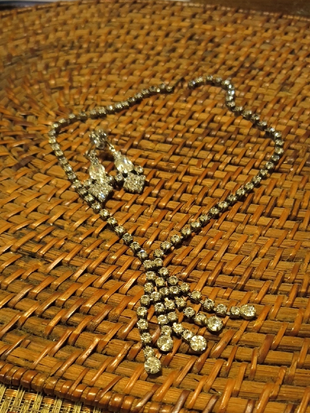 Hand Crafted Clear Crystal Fringe Necklace and Earrings - Silver